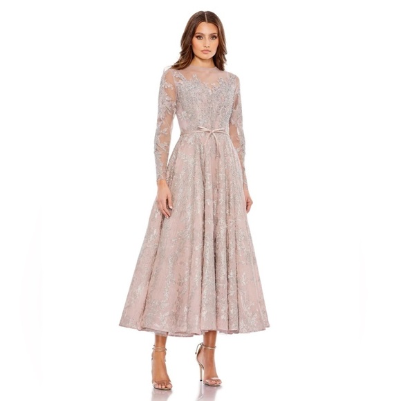 Mac Duggal 20337 NWT EMBELLISHED BOW BELT ILLUSION LONG SLEEVE A LINE DRESS - Picture 2 of 9